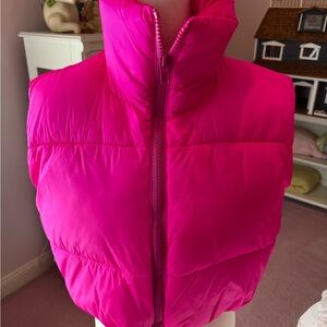 Two Cropped Puffer Vests — Hot Pink & Icy White